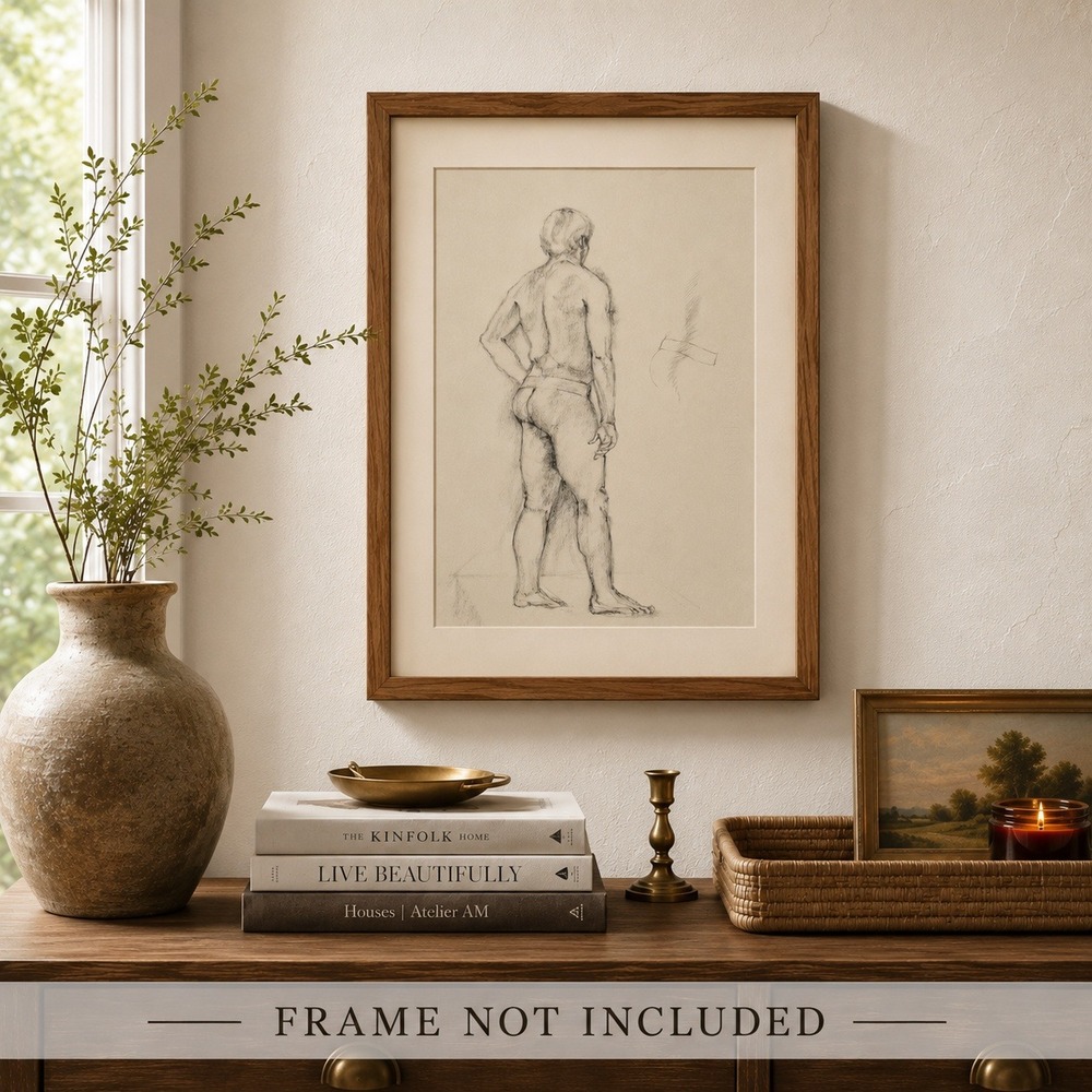 Attributed Joan King Charcoal Nude Figure Study - Mid Century Male Back View